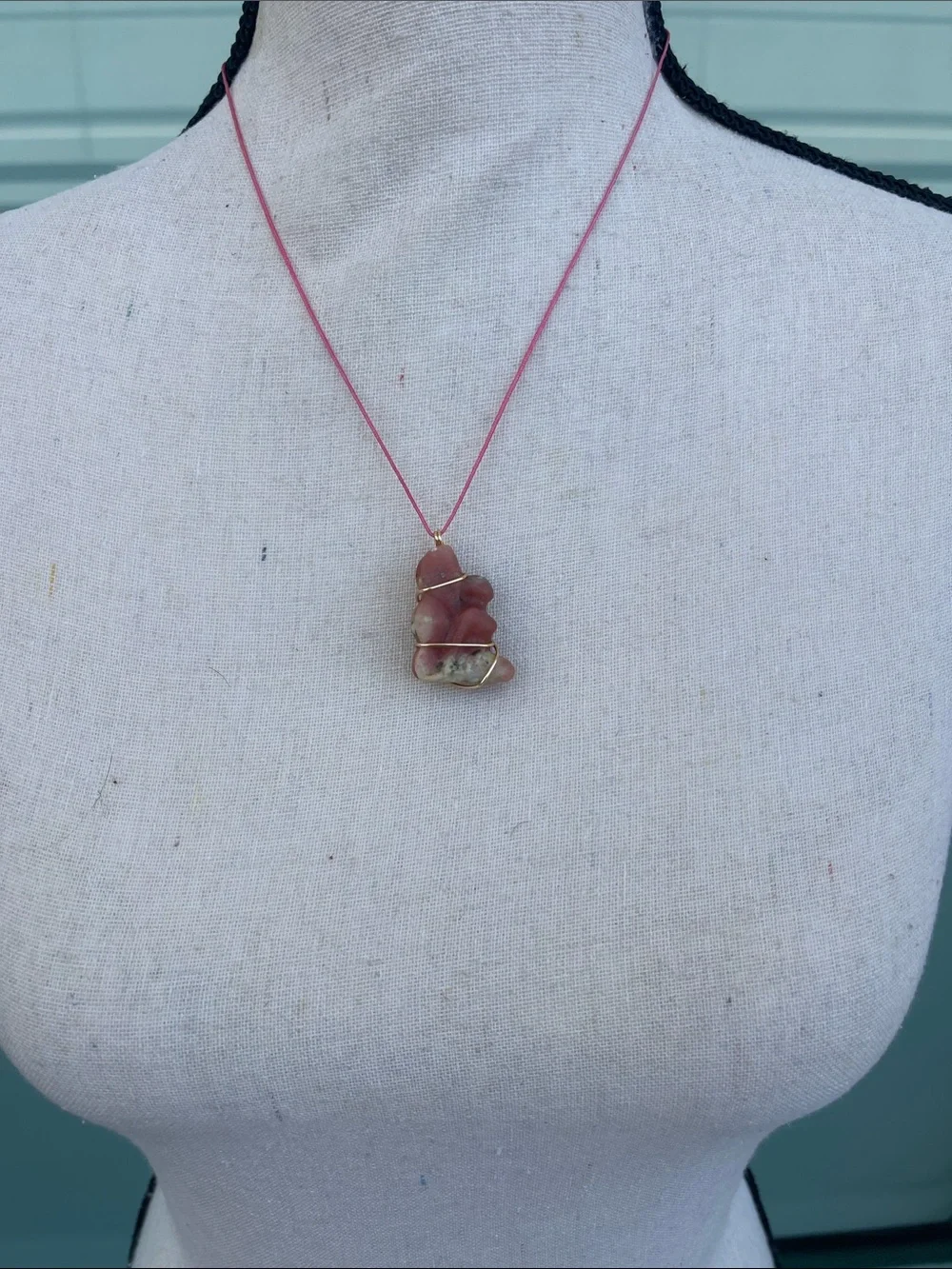 Pink Plum Jasper Fairy Necklace on Pink Nylon Cord Gold Tone Wire Wrap